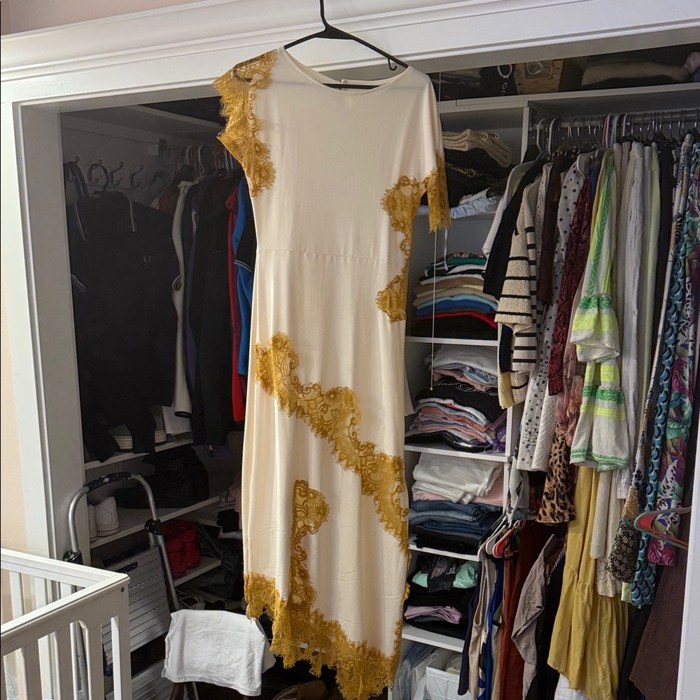 Elegant Cream and Gold Lace Dress